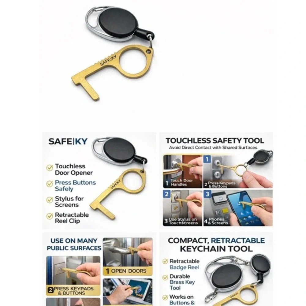 Safe-Ky Brass Touchless Door Opener Tool Retractable Reel‎ Keychain Clip J-01